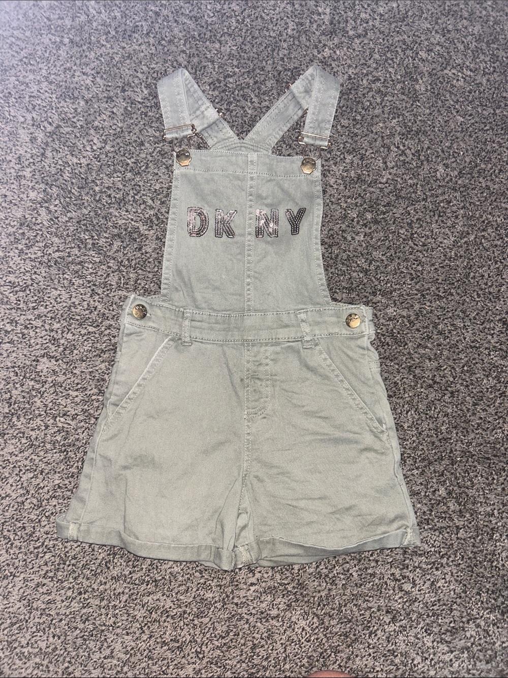 DKNY Sage Green Denim Short Overalls with Logo